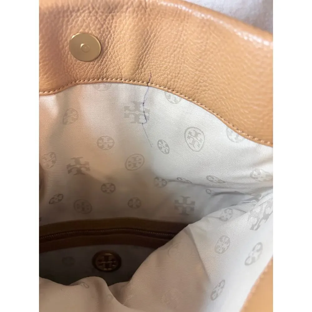 Tory Burch Amanda Fold-Over Crossbody Bag Tan Pebbled Leather Reva Medallion